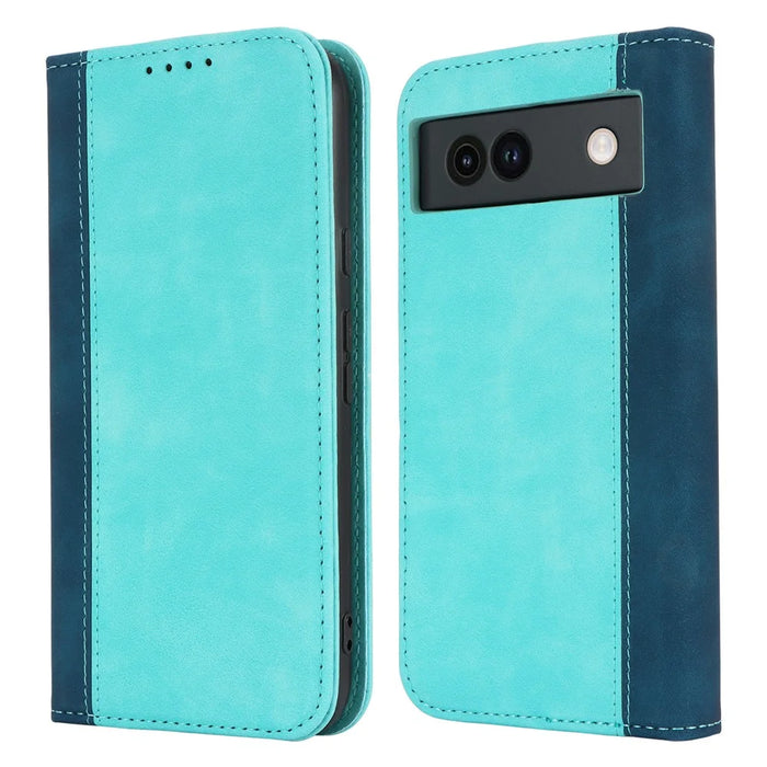 For Google Pixel 8a Case PU Leather Color Splicing Wallet Phone Cover - Light Blue+Dark Blue - 1