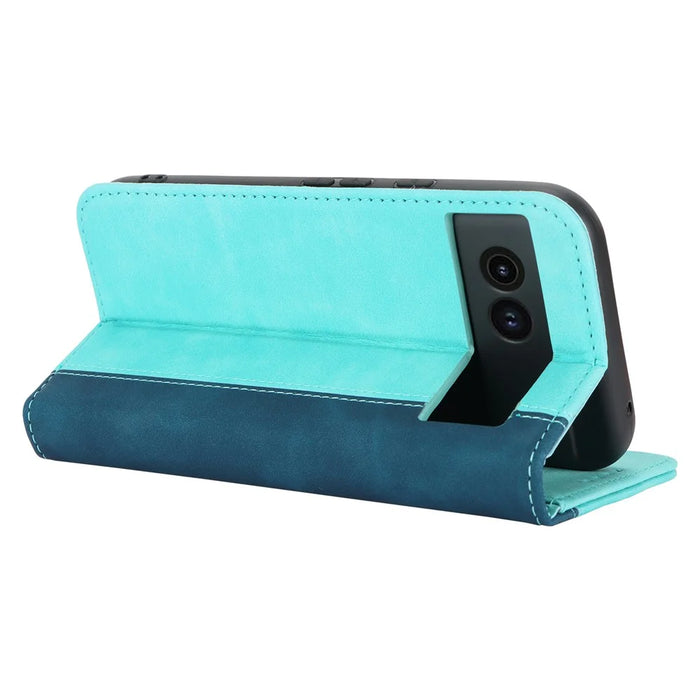 For Google Pixel 8a Case PU Leather Color Splicing Wallet Phone Cover - Light Blue+Dark Blue - 4