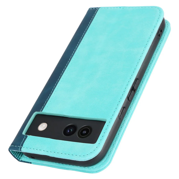 For Google Pixel 8a Case PU Leather Color Splicing Wallet Phone Cover - Light Blue+Dark Blue - 6