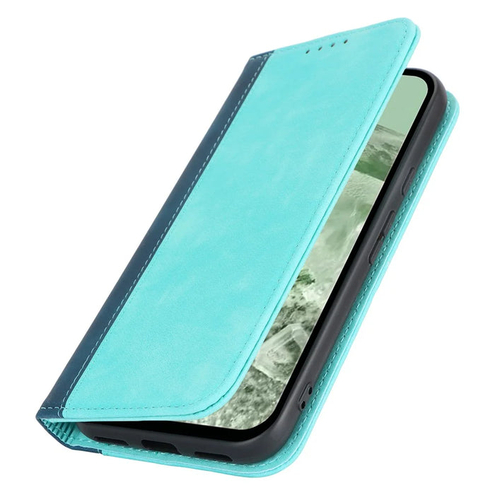 For Google Pixel 8a Case PU Leather Color Splicing Wallet Phone Cover - Light Blue+Dark Blue - 7