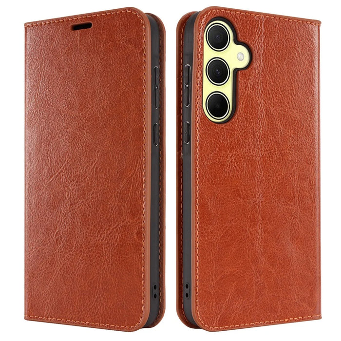 For Samsung Galaxy A35 5G Case Crazy Horse Texture Split Leather Stand Phone Cover - Light Brown - 1