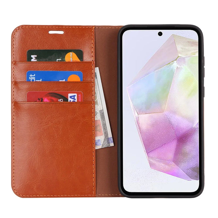 For Samsung Galaxy A35 5G Case Crazy Horse Texture Split Leather Stand Phone Cover - Light Brown - 2