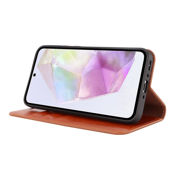 For Samsung Galaxy A35 5G Case Crazy Horse Texture Split Leather Stand Phone Cover - Light Brown - 3