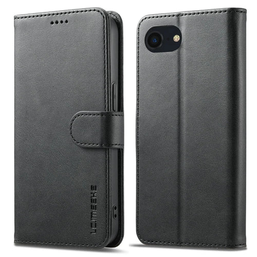 LC.IMEEKE For iPhone 17e / 16e Case Calf Texture Magnetic Clasp Stand Phone Cover - Black - 1