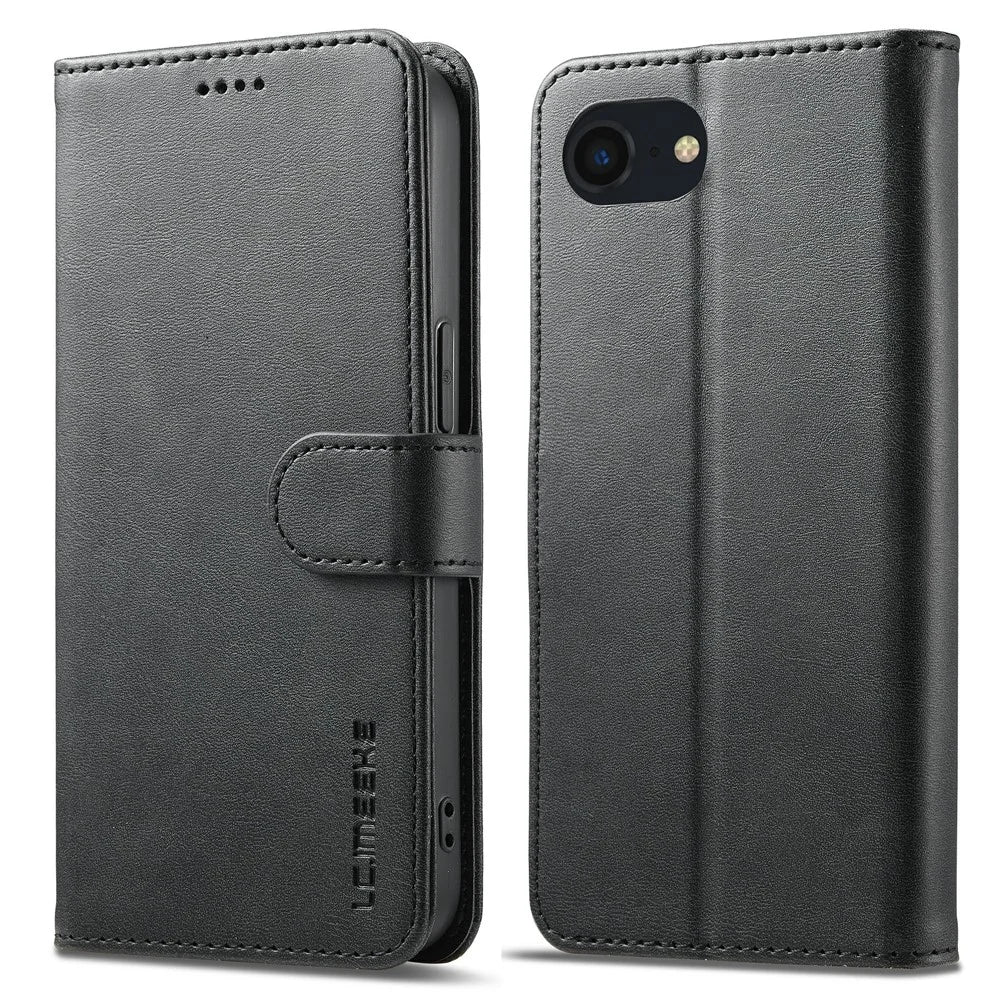 LC.IMEEKE For iPhone 17e / 16e Case Calf Texture Magnetic Clasp Stand Phone Cover - Black - 1