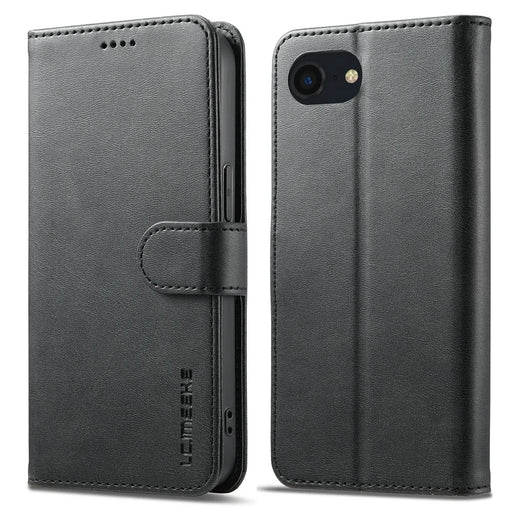 LC.IMEEKE For iPhone 17e / 16e Case Calf Texture Magnetic Clasp Stand Phone Cover - Black - 1