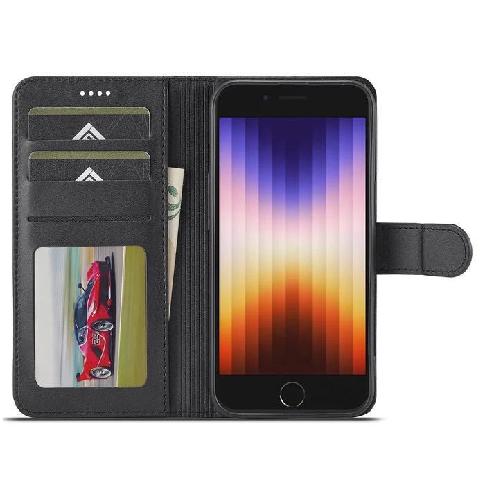 LC.IMEEKE For iPhone 17e / 16e Case Calf Texture Magnetic Clasp Stand Phone Cover - Black - 2
