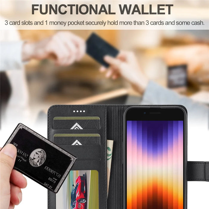 LC.IMEEKE For iPhone 17e / 16e Case Calf Texture Magnetic Clasp Stand Phone Cover - Black - 6