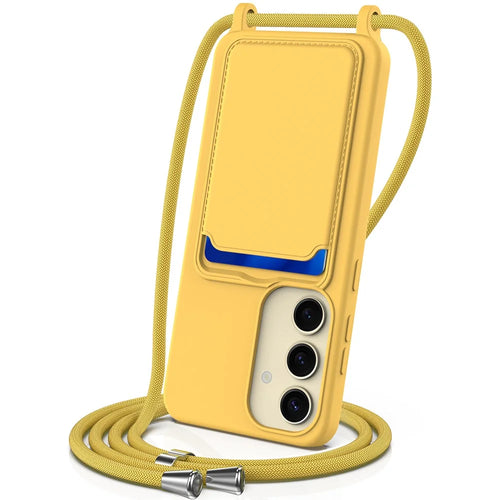 For Samsung Galaxy S24+ Case Card Holder Silicone Phone Cover with Lanyard - Yellow - 1