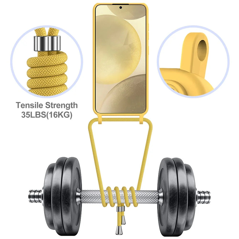 For Samsung Galaxy S24+ Case Card Holder Silicone Phone Cover with Lanyard - Yellow - 4