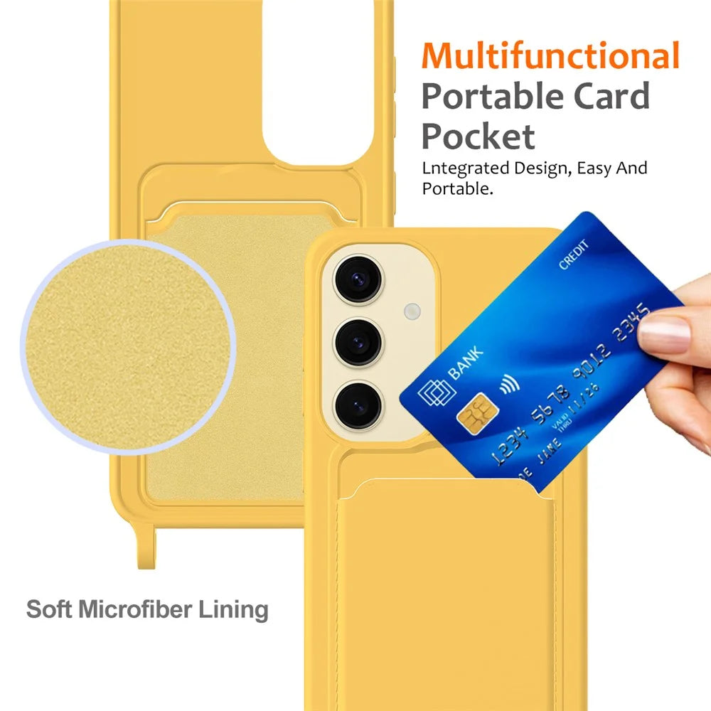 For Samsung Galaxy S24+ Case Card Holder Silicone Phone Cover with Lanyard - Yellow - 5