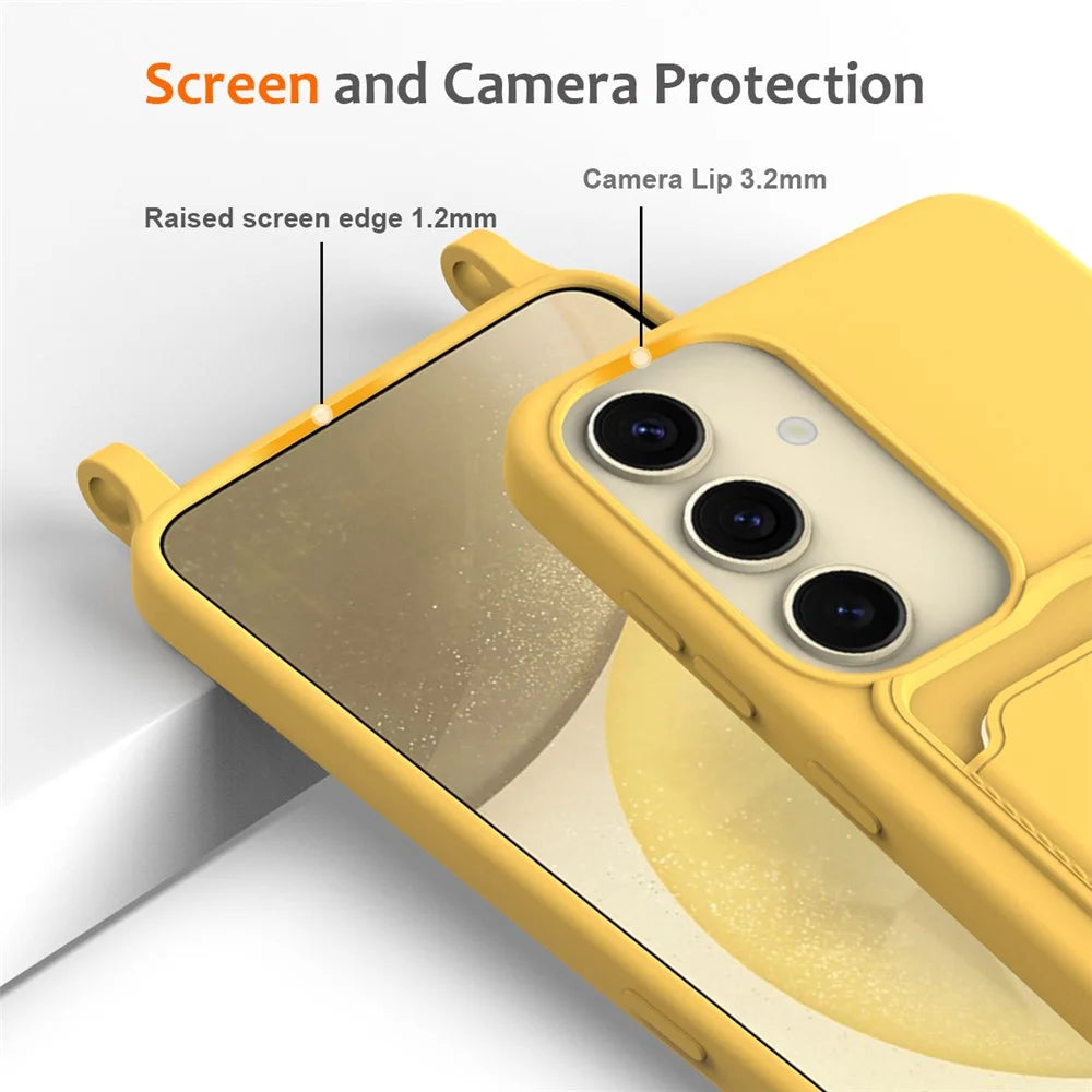 For Samsung Galaxy S24+ Case Card Holder Silicone Phone Cover with Lanyard - Yellow - 6