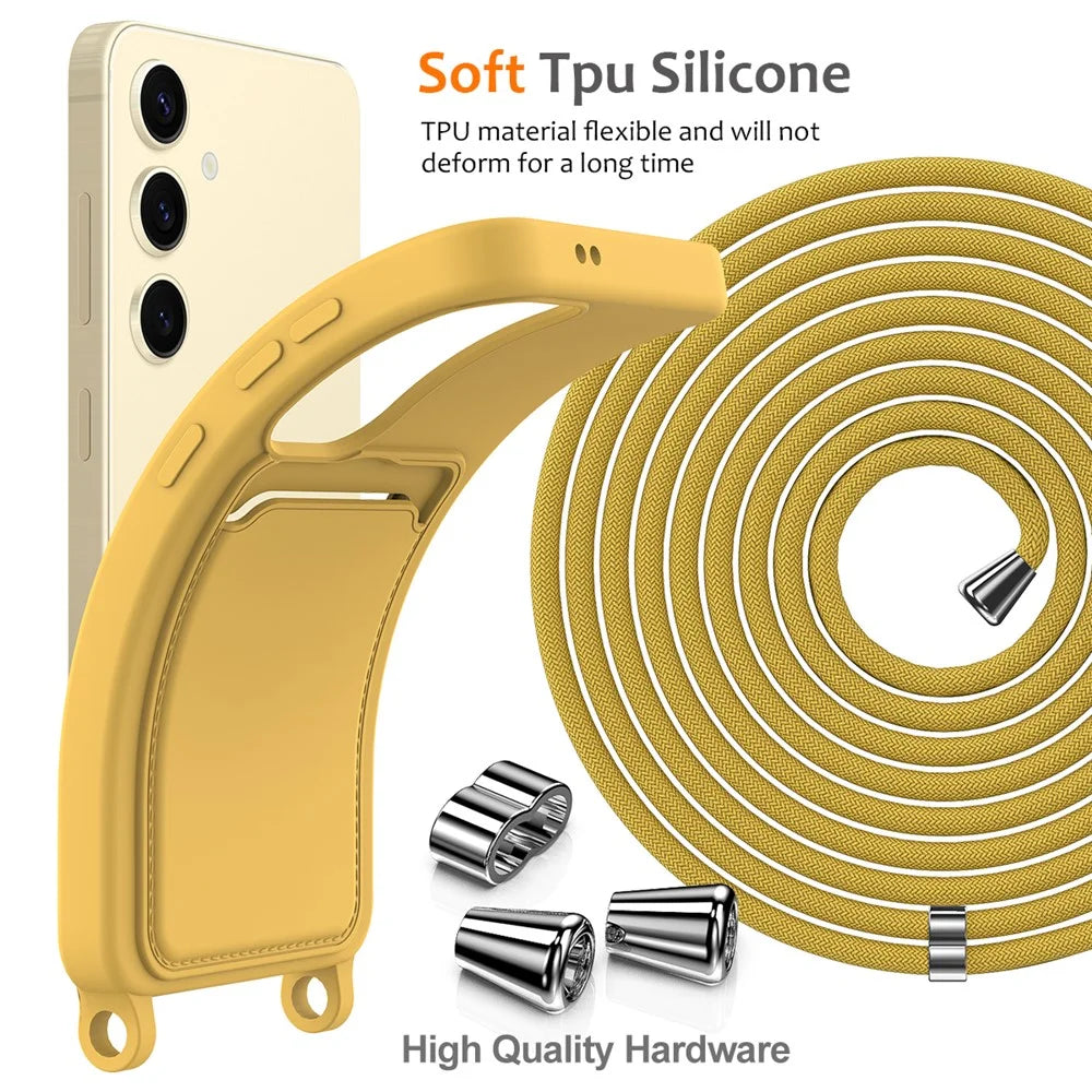 For Samsung Galaxy S24+ Case Card Holder Silicone Phone Cover with Lanyard - Yellow - 7