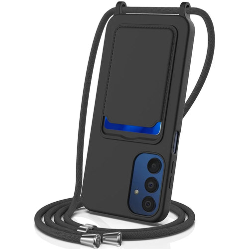 For Samsung Galaxy A15 4G / A15 5G Case Liquid Silicone Shockproof Phone Cover with Lanyard and Card Slot - Black - 1