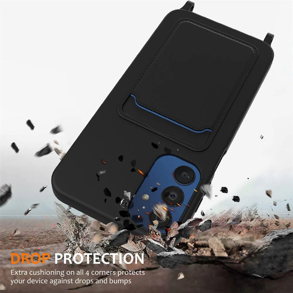 For Samsung Galaxy A15 4G / A15 5G Case Liquid Silicone Shockproof Phone Cover with Lanyard and Card Slot - Black - 2
