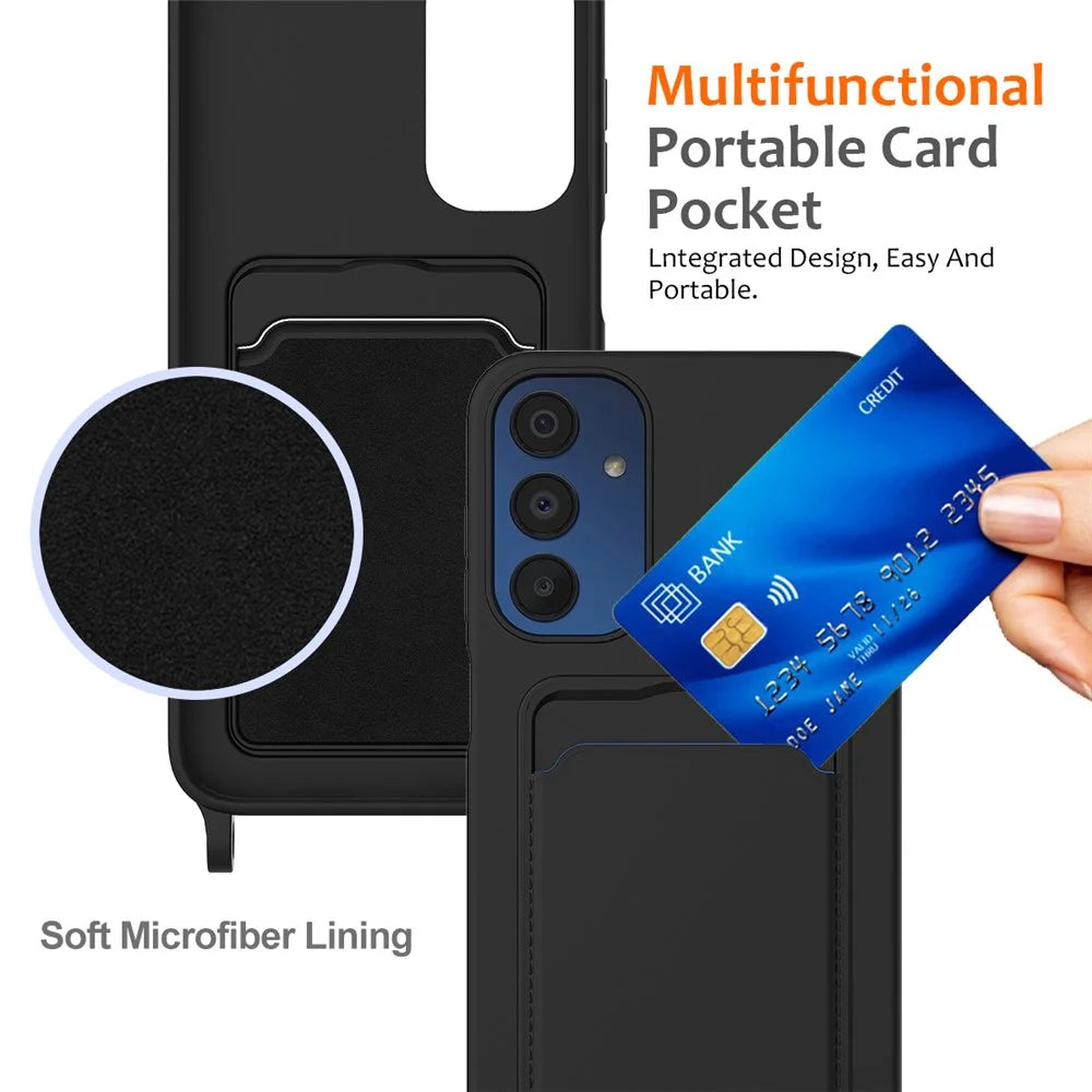 For Samsung Galaxy A15 4G / A15 5G Case Liquid Silicone Shockproof Phone Cover with Lanyard and Card Slot - Black - 4