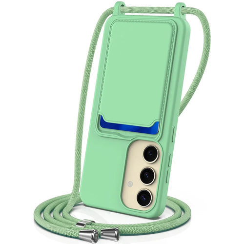 For Samsung Galaxy A35 5G Phone Case Card Slot Liquid Silicone Cover with Lanyard - Green - 1