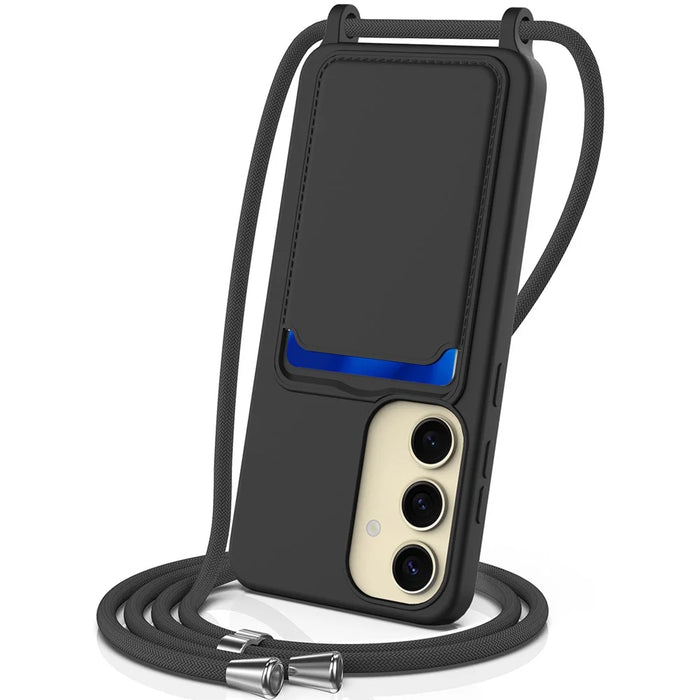 For Samsung Galaxy A55 5G Case Liquid Silicone Card Holder Back Phone Cover with Adjustable Lanyard - Black - 1