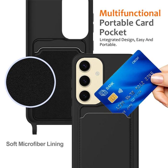 For Samsung Galaxy A55 5G Case Liquid Silicone Card Holder Back Phone Cover with Adjustable Lanyard - Black - 5