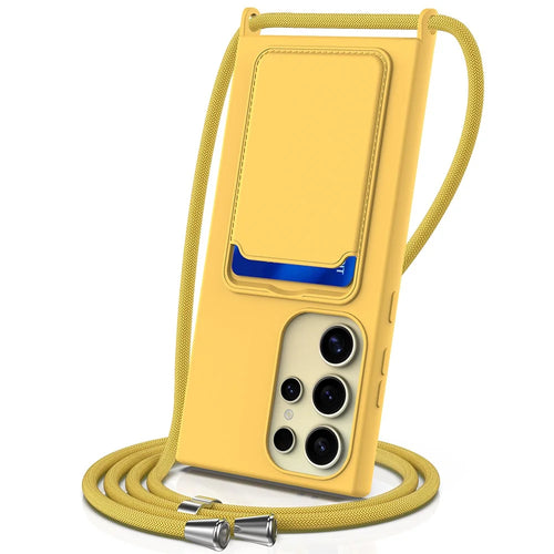 For Samsung Galaxy S24 Ultra Case with Card Holder Liquid Silicone Silky Touch Phone Cover - Yellow - 1