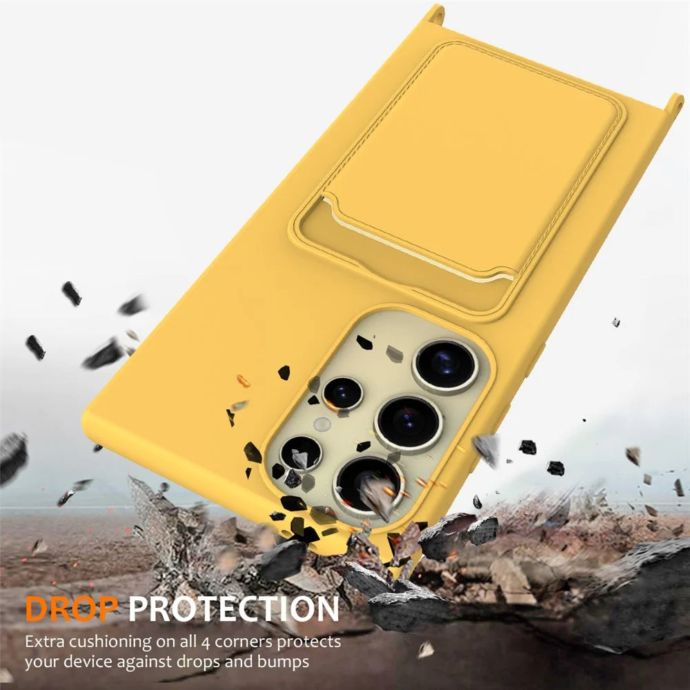 For Samsung Galaxy S24 Ultra Case with Card Holder Liquid Silicone Silky Touch Phone Cover - Yellow - 3