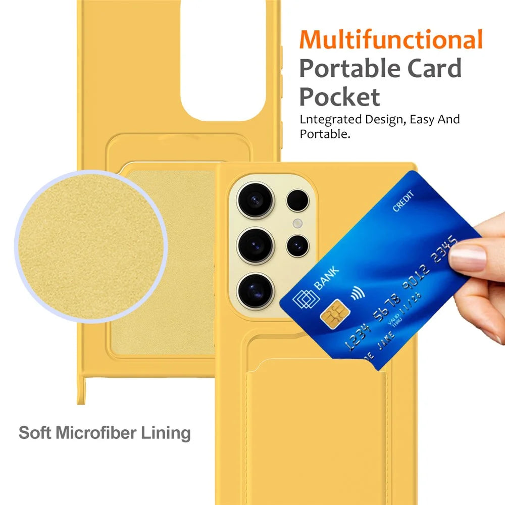 For Samsung Galaxy S24 Ultra Case with Card Holder Liquid Silicone Silky Touch Phone Cover - Yellow - 5