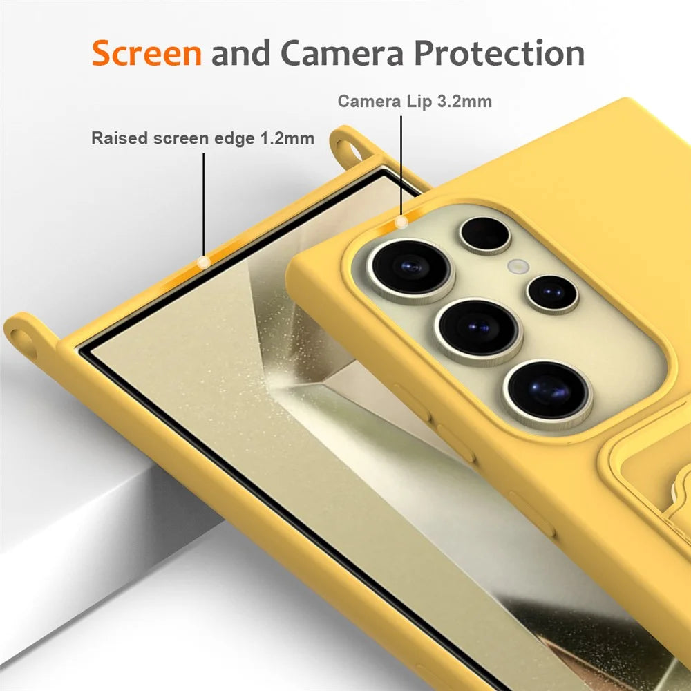 For Samsung Galaxy S24 Ultra Case with Card Holder Liquid Silicone Silky Touch Phone Cover - Yellow - 6