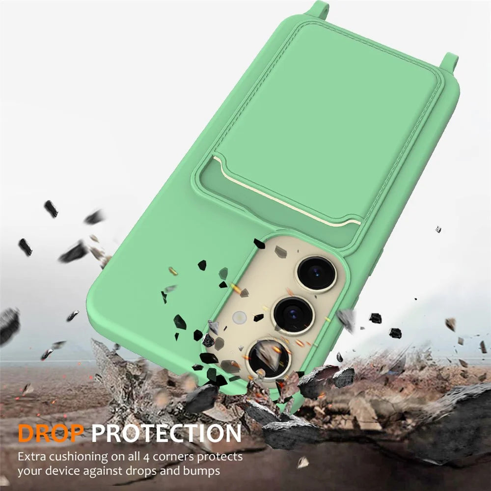 For Samsung Galaxy S24 Case Liquid Silicone Phone Cover with Lanyard, Card Holder - Green - 3