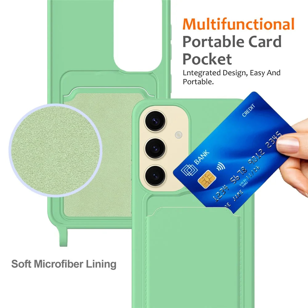 For Samsung Galaxy S24 Case Liquid Silicone Phone Cover with Lanyard, Card Holder - Green - 5
