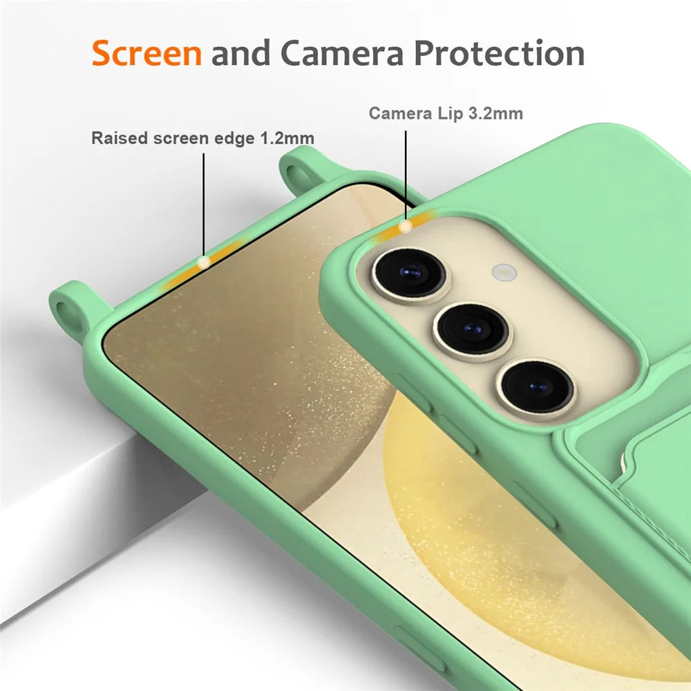 For Samsung Galaxy S24 Case Liquid Silicone Phone Cover with Lanyard, Card Holder - Green - 6