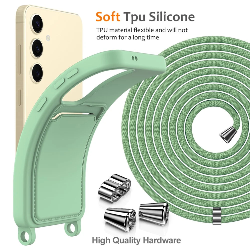 For Samsung Galaxy S24 Case Liquid Silicone Phone Cover with Lanyard, Card Holder - Green - 7