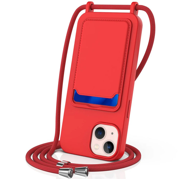 Case for iPhone 15 Plus Shell Liquid Silicone Card Holder Phone Cover with Long Lanyard - Red - 1