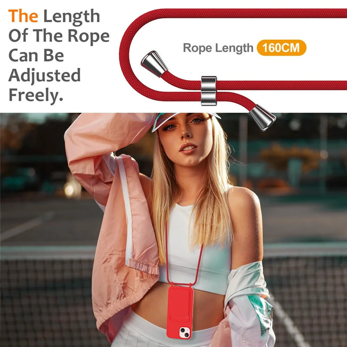Case for iPhone 15 Plus Shell Liquid Silicone Card Holder Phone Cover with Long Lanyard - Red - 2
