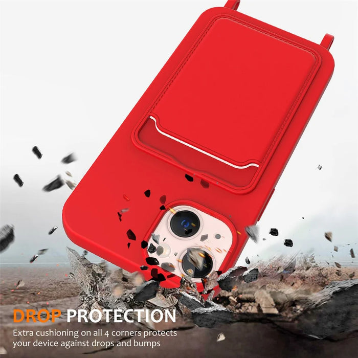 Case for iPhone 15 Plus Shell Liquid Silicone Card Holder Phone Cover with Long Lanyard - Red - 3