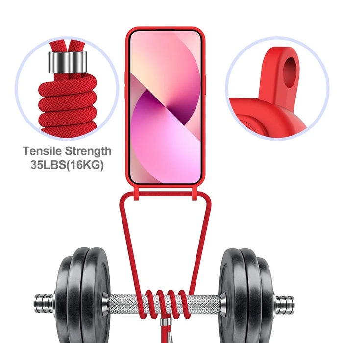 Case for iPhone 15 Plus Shell Liquid Silicone Card Holder Phone Cover with Long Lanyard - Red - 4