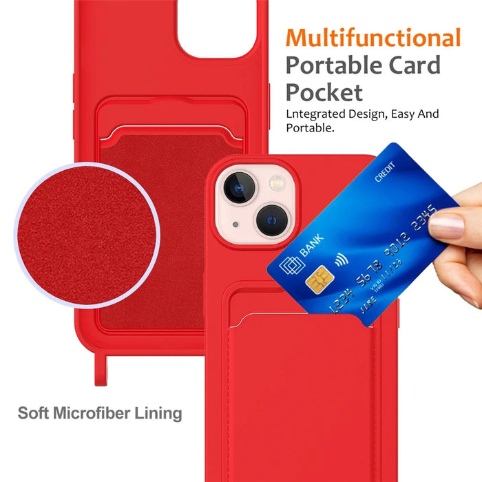 Case for iPhone 15 Plus Shell Liquid Silicone Card Holder Phone Cover with Long Lanyard - Red - 5
