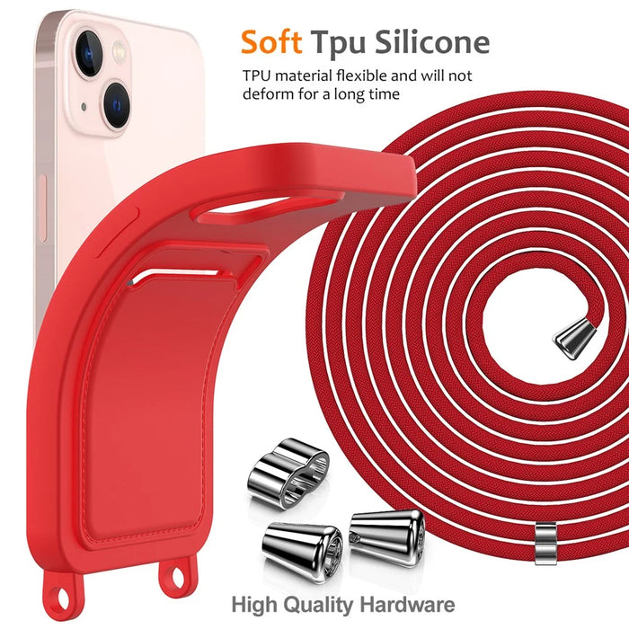 Case for iPhone 15 Plus Shell Liquid Silicone Card Holder Phone Cover with Long Lanyard - Red - 7