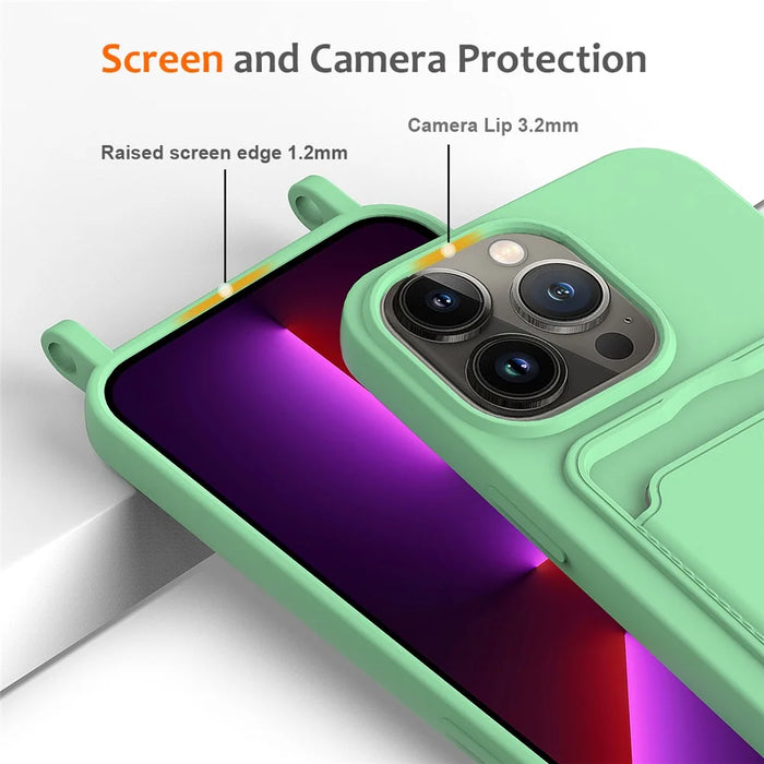 For iPhone 15 Pro Card Slot Case Liquid Silicone Phone Cover with Long Strap - Green - 6