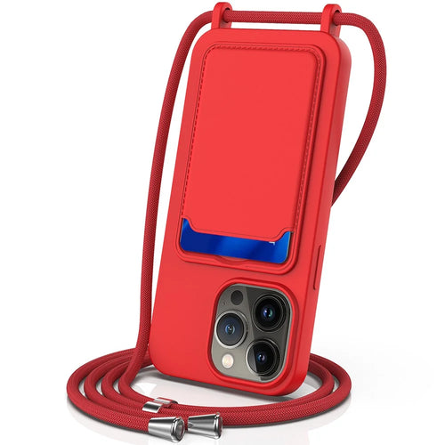 For iPhone 15 Pro Max Shockproof Case Liquid Silicone Card Slot Cover with Lanyard - Red - 1