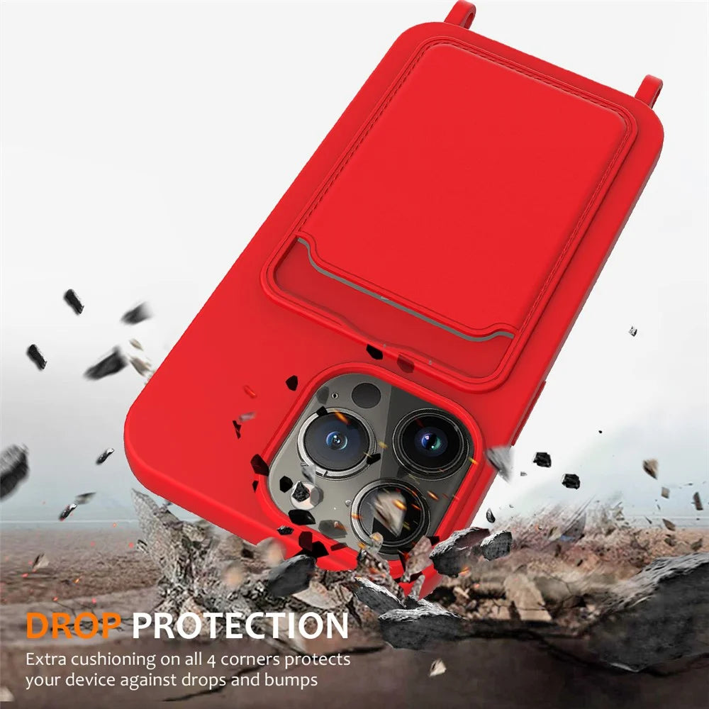 For iPhone 15 Pro Max Shockproof Case Liquid Silicone Card Slot Cover with Lanyard - Red - 3