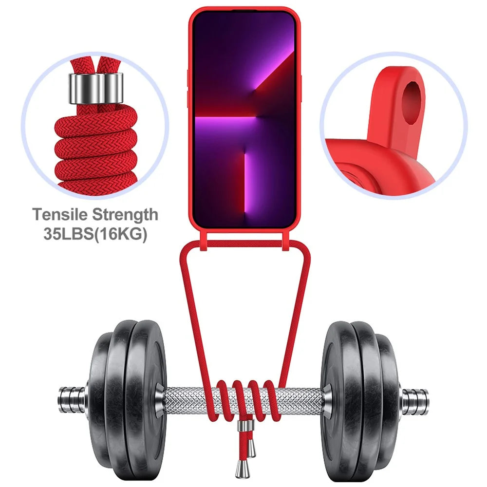 For iPhone 15 Pro Max Shockproof Case Liquid Silicone Card Slot Cover with Lanyard - Red - 4