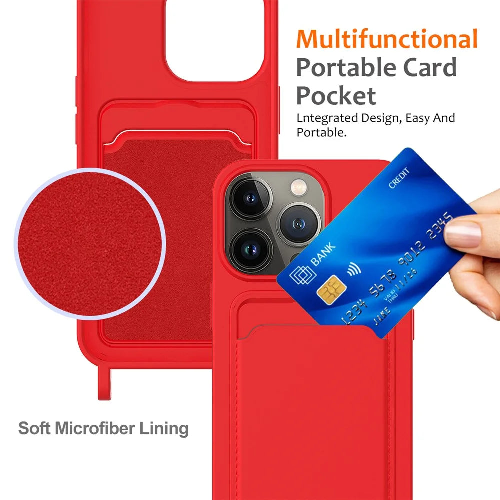 For iPhone 15 Pro Max Shockproof Case Liquid Silicone Card Slot Cover with Lanyard - Red - 5