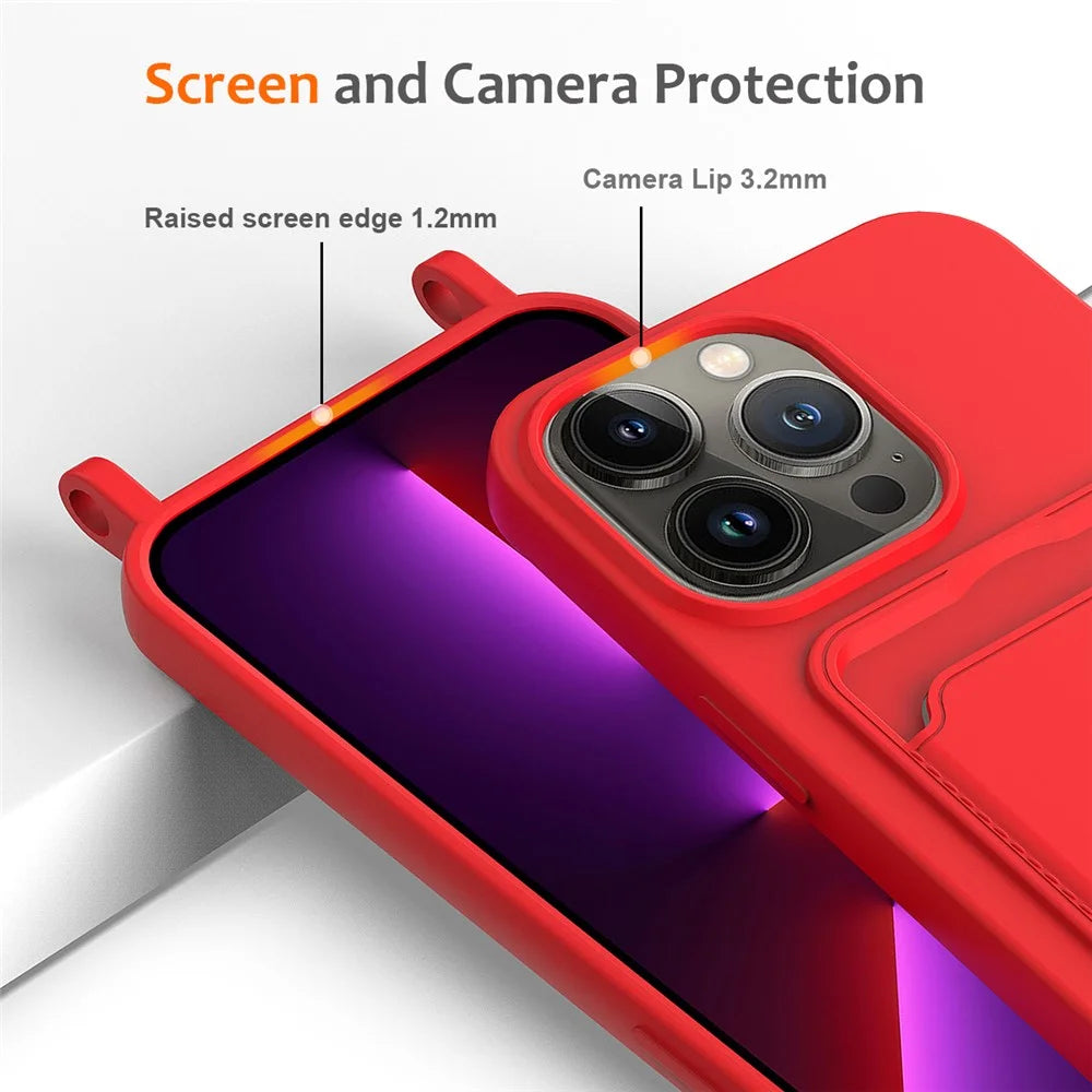 For iPhone 15 Pro Max Shockproof Case Liquid Silicone Card Slot Cover with Lanyard - Red - 6