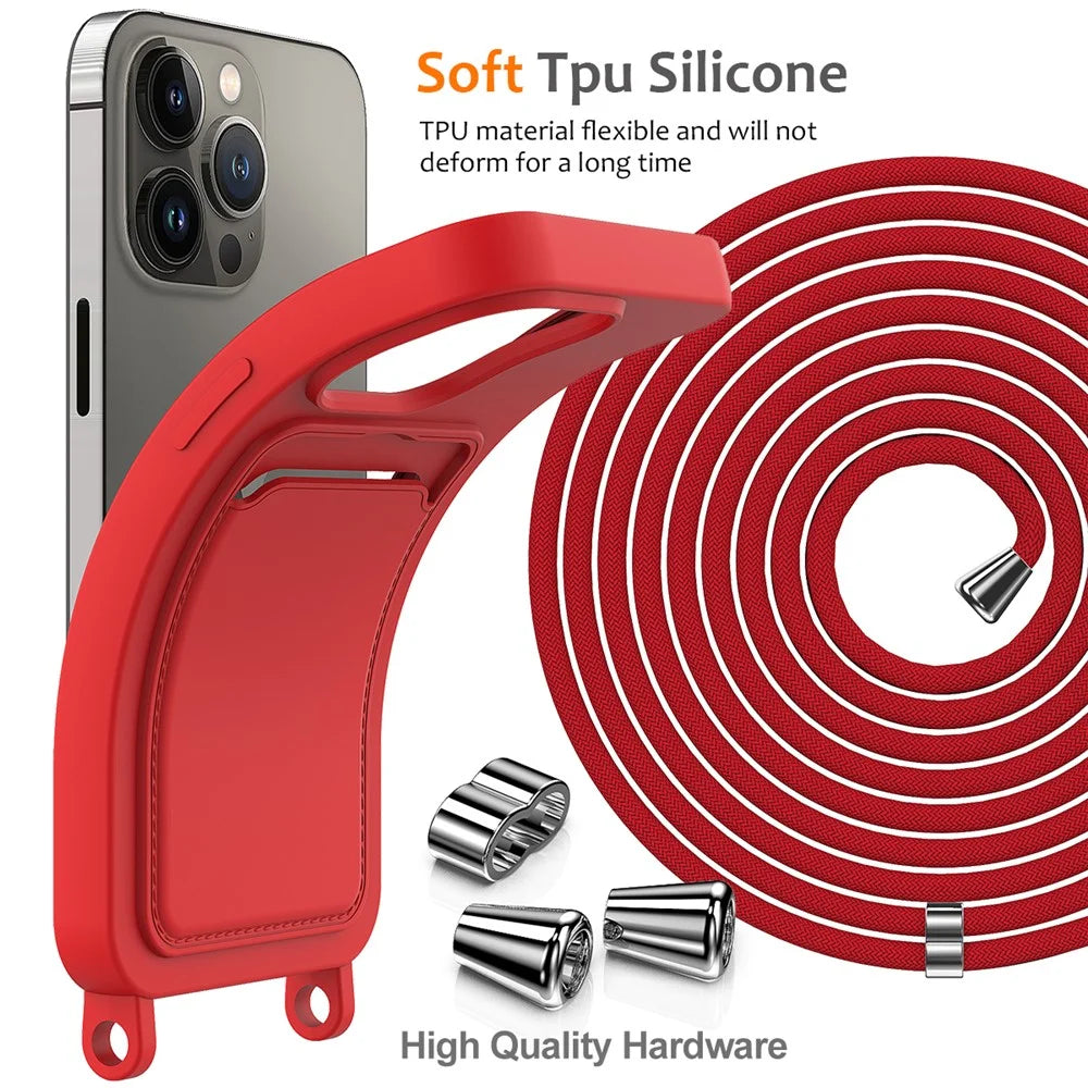 For iPhone 15 Pro Max Shockproof Case Liquid Silicone Card Slot Cover with Lanyard - Red - 7