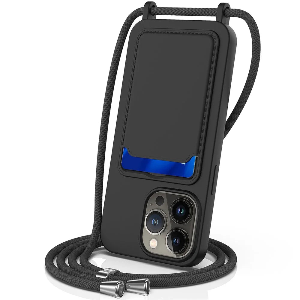 For iPhone 13 Pro Max Liquid Silicone Case Card Holder Phone Cover with Shoulder Strap - Black - 1