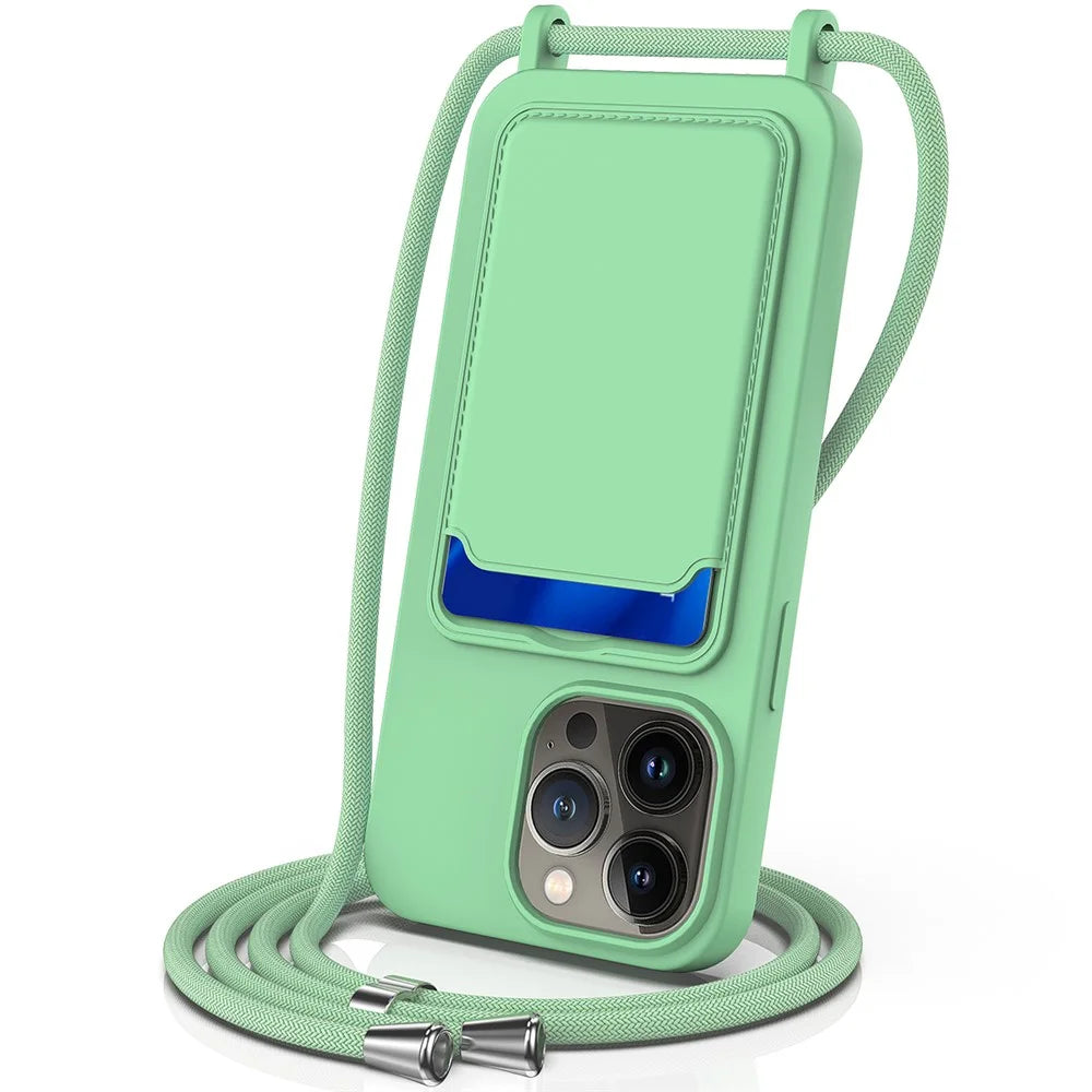 For iPhone 14 Pro Case Liquid Silicone Slim Shockproof Phone Cover with Adjustable Lanyard - Green - 1