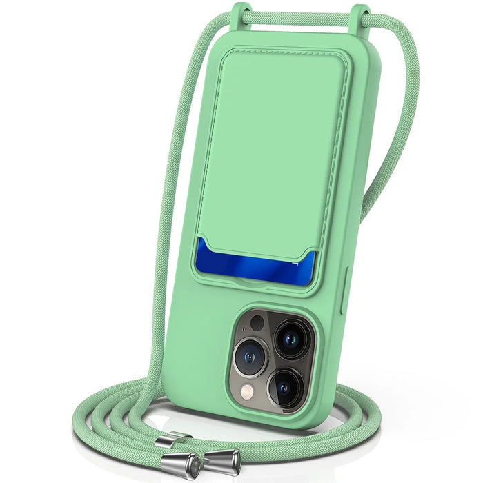 For iPhone 14 Pro Case Liquid Silicone Slim Shockproof Phone Cover with Adjustable Lanyard - Green - 1