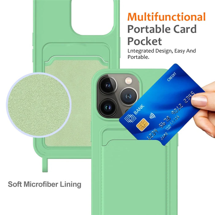 For iPhone 14 Pro Case Liquid Silicone Slim Shockproof Phone Cover with Adjustable Lanyard - Green - 5