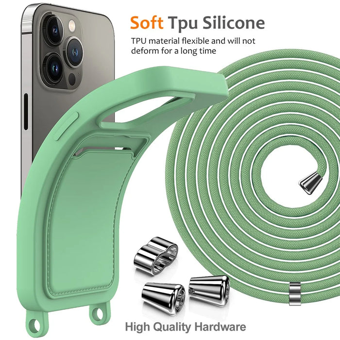 For iPhone 14 Pro Case Liquid Silicone Slim Shockproof Phone Cover with Adjustable Lanyard - Green - 7
