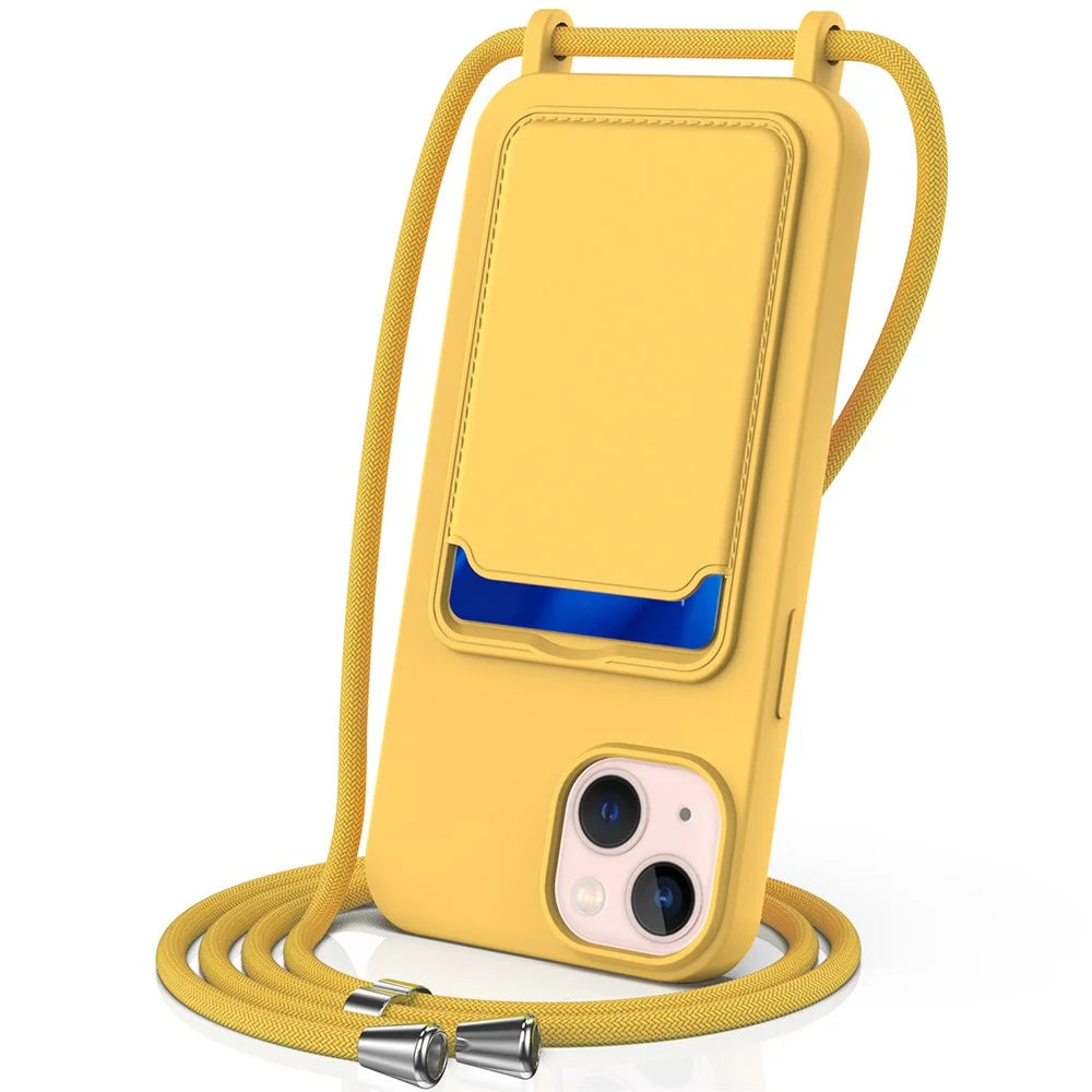 For iPhone 15 Case Card Slot Liquid Silicone Drop-resistant Phone Protector with Long Lanyard - Yellow - 1